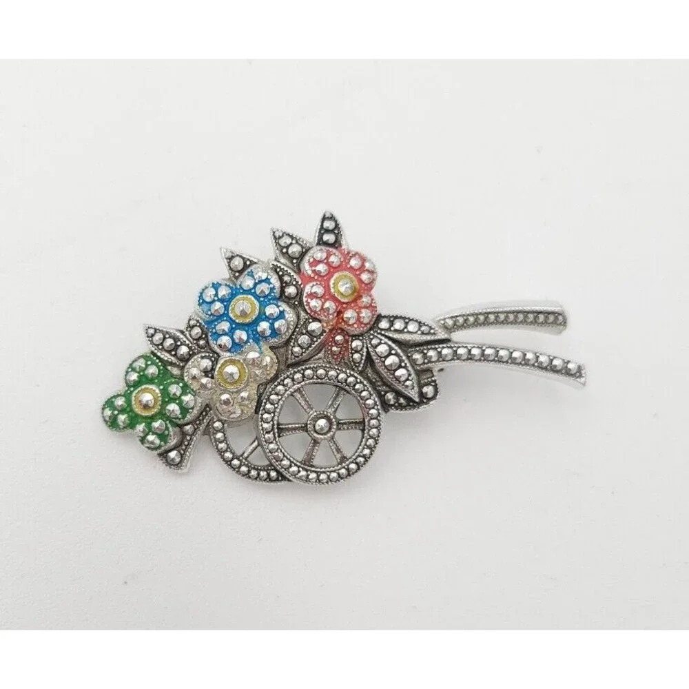 Vintage Flower Cart Brooch Pin Silver Tone Pink Blue Green Enamel‎ Flowers 2